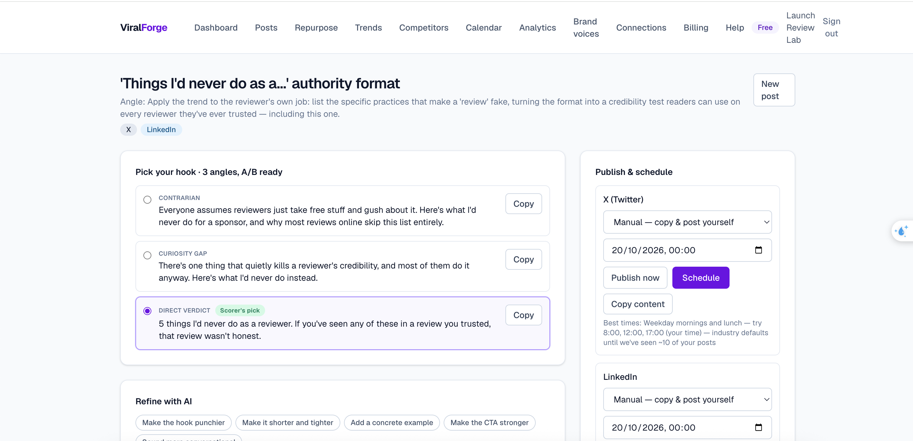 ViralForge generated hook alternatives beside X and LinkedIn publishing and scheduling controls